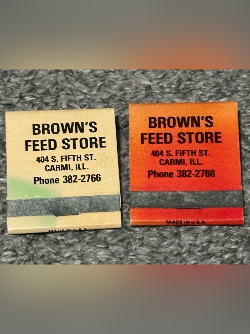 Lot of 2 Vintage Matchbooks Browns Feed Store Carmi IL Illinois Matches